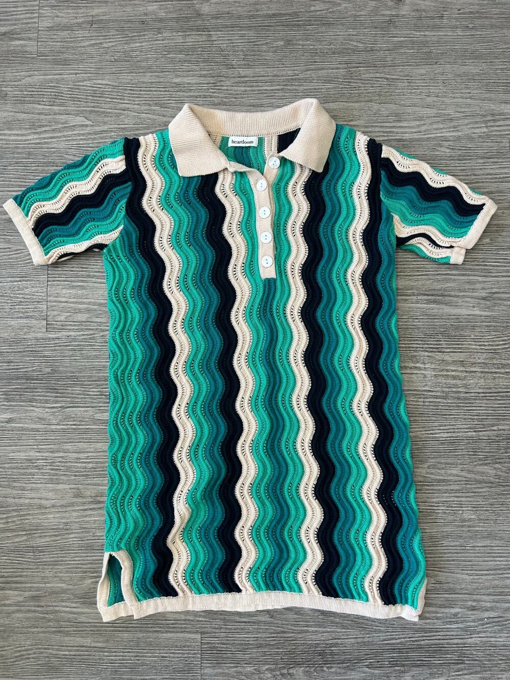 Heartloom Chevron Knit Polo Top Shirt Green Wavy Crochet Short Sleeve Cotton S